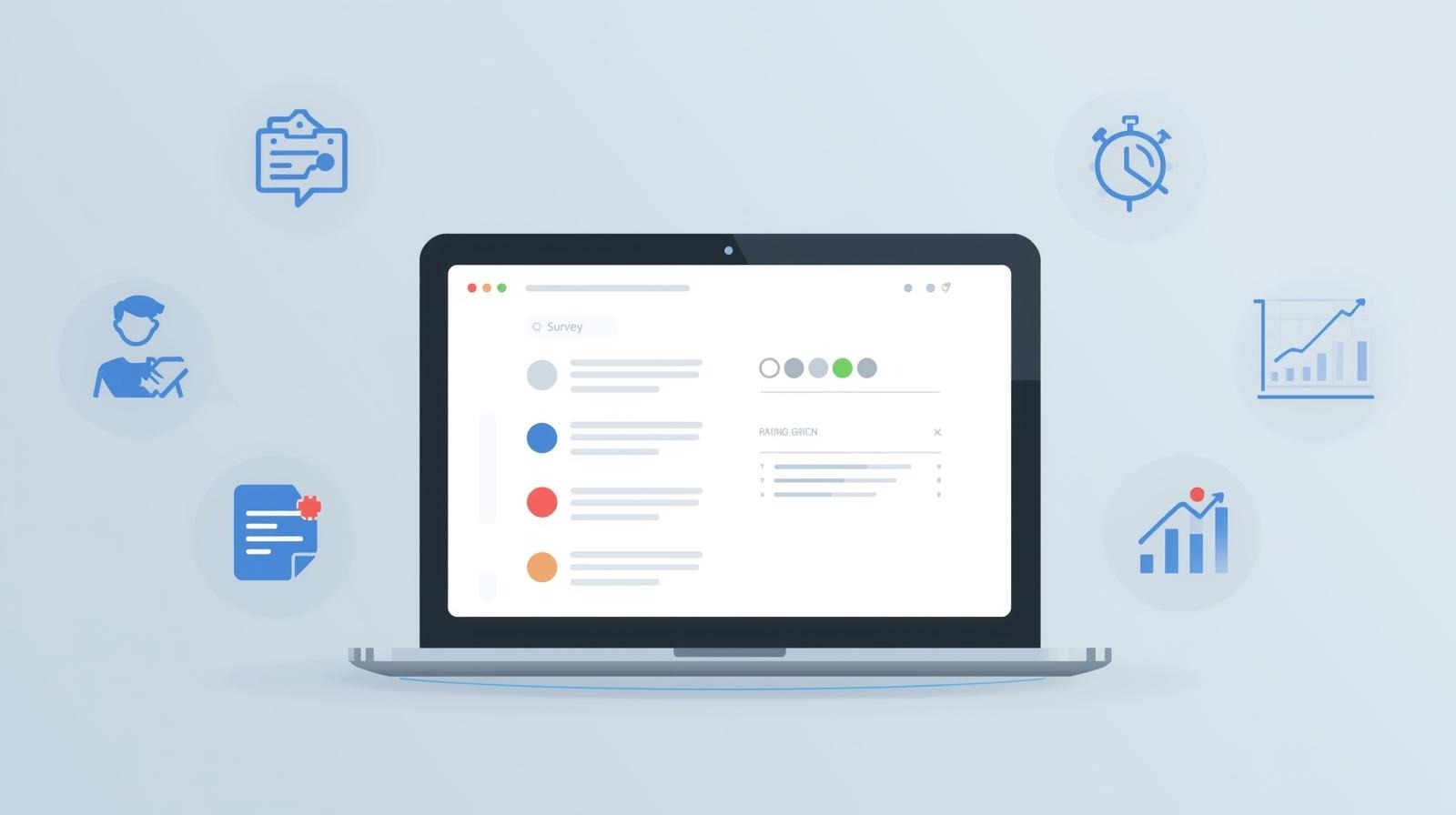 Illustration showing key features of online survey software such as AI insights, data security, flexible themes, and smart question routing